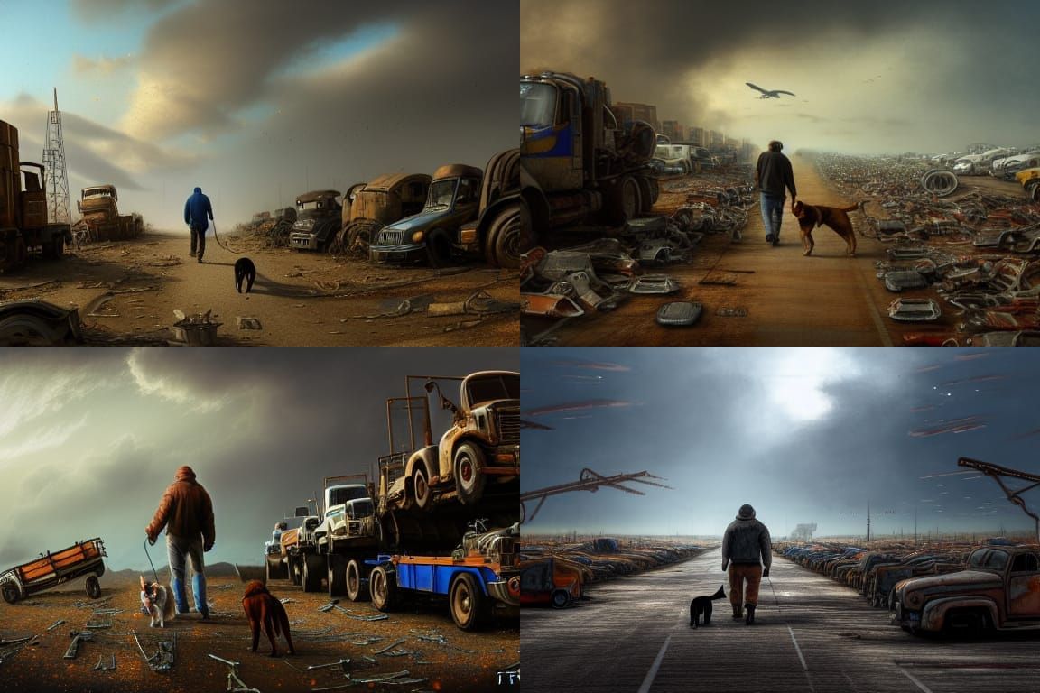 Man and Dog on Scrap Vehicle Highway