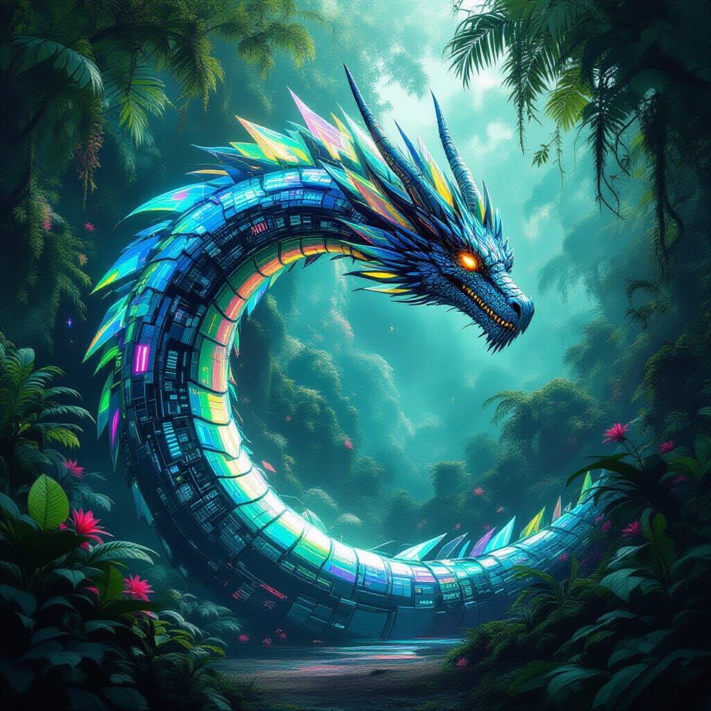 Biomechanical Dragon Coiled Around Portal in Alien Jungle