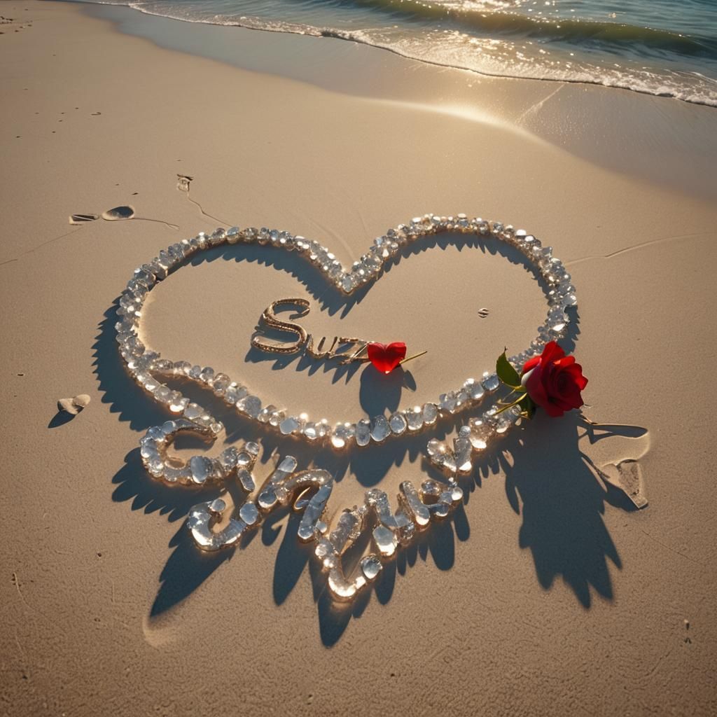 Heart Crystal on Beach: 3D Golden Hour Render