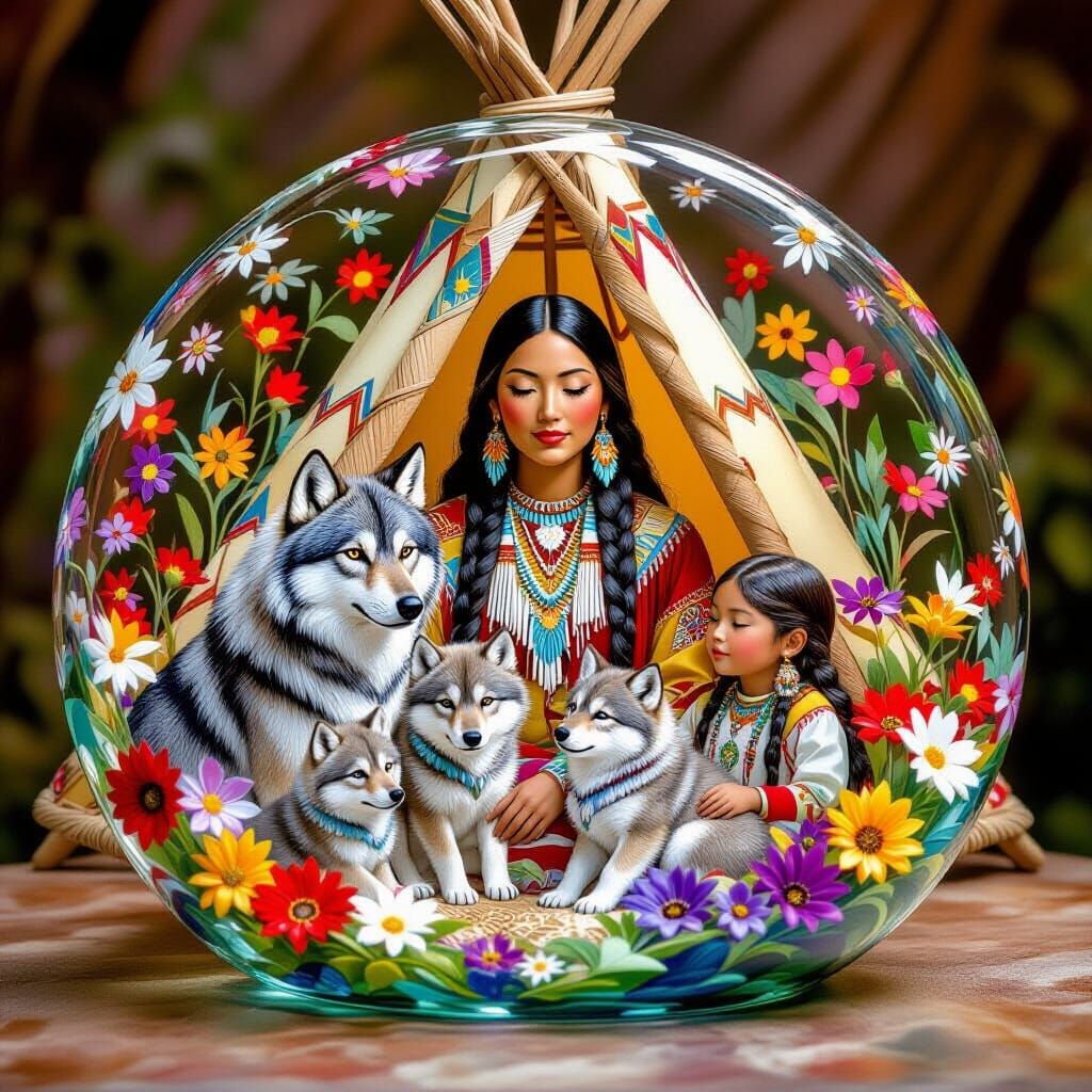 Glass Carved Wolves with Native American Family