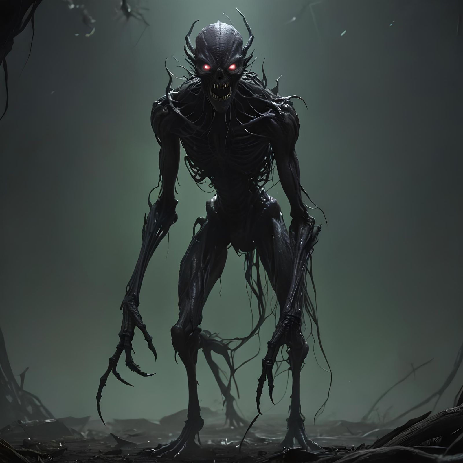 Terrifying Black-Skinned Monster with Glowing Eyes