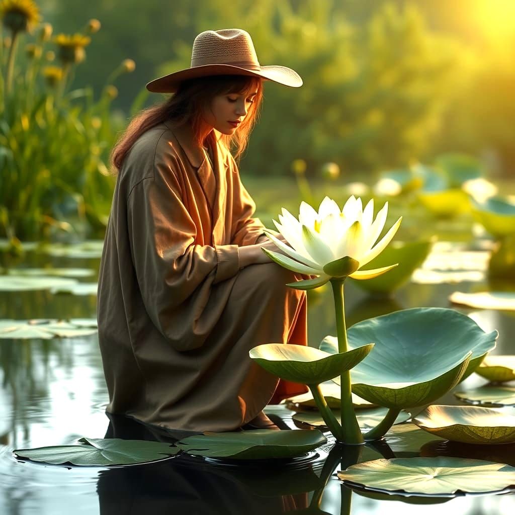 Botanist Studies Water Lilies: Detailed Matte Painting