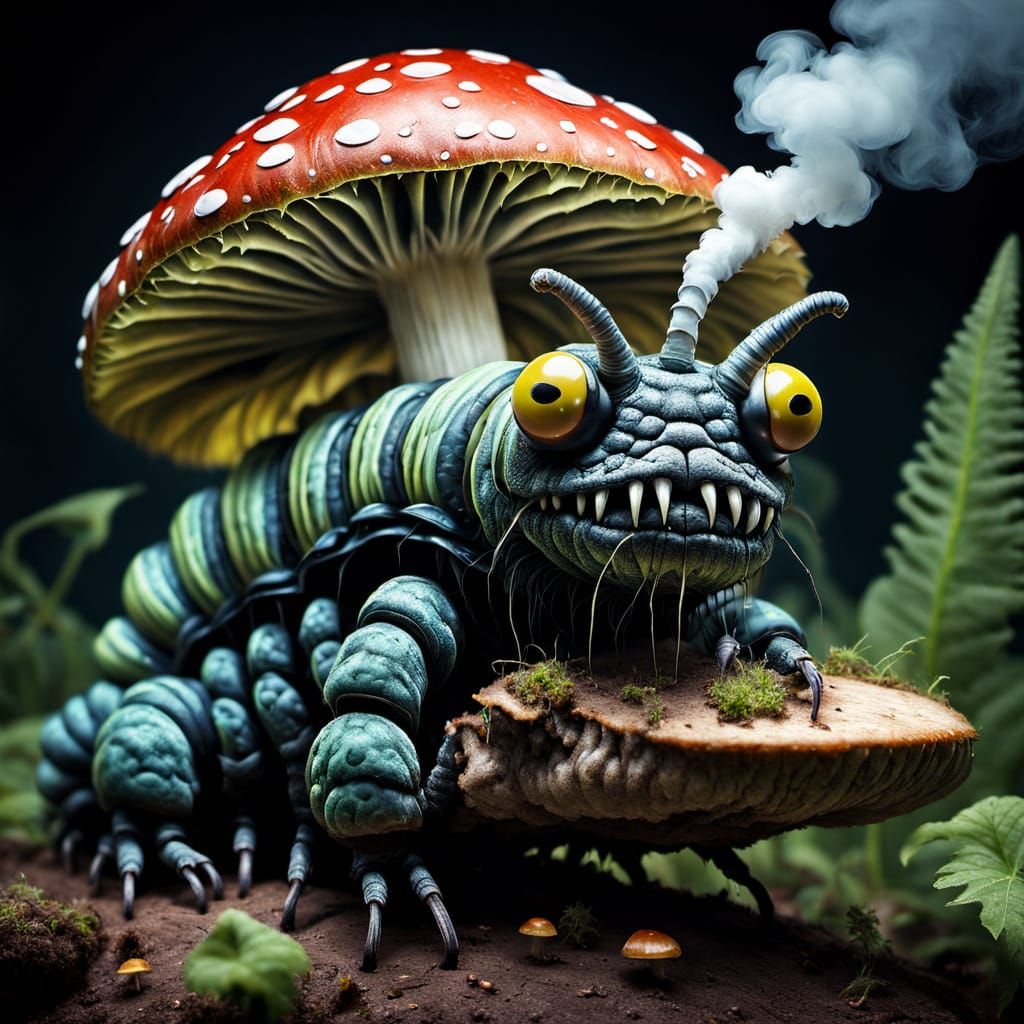 Giant Gothic Caterpillar Smoking Reefer on Mushroom