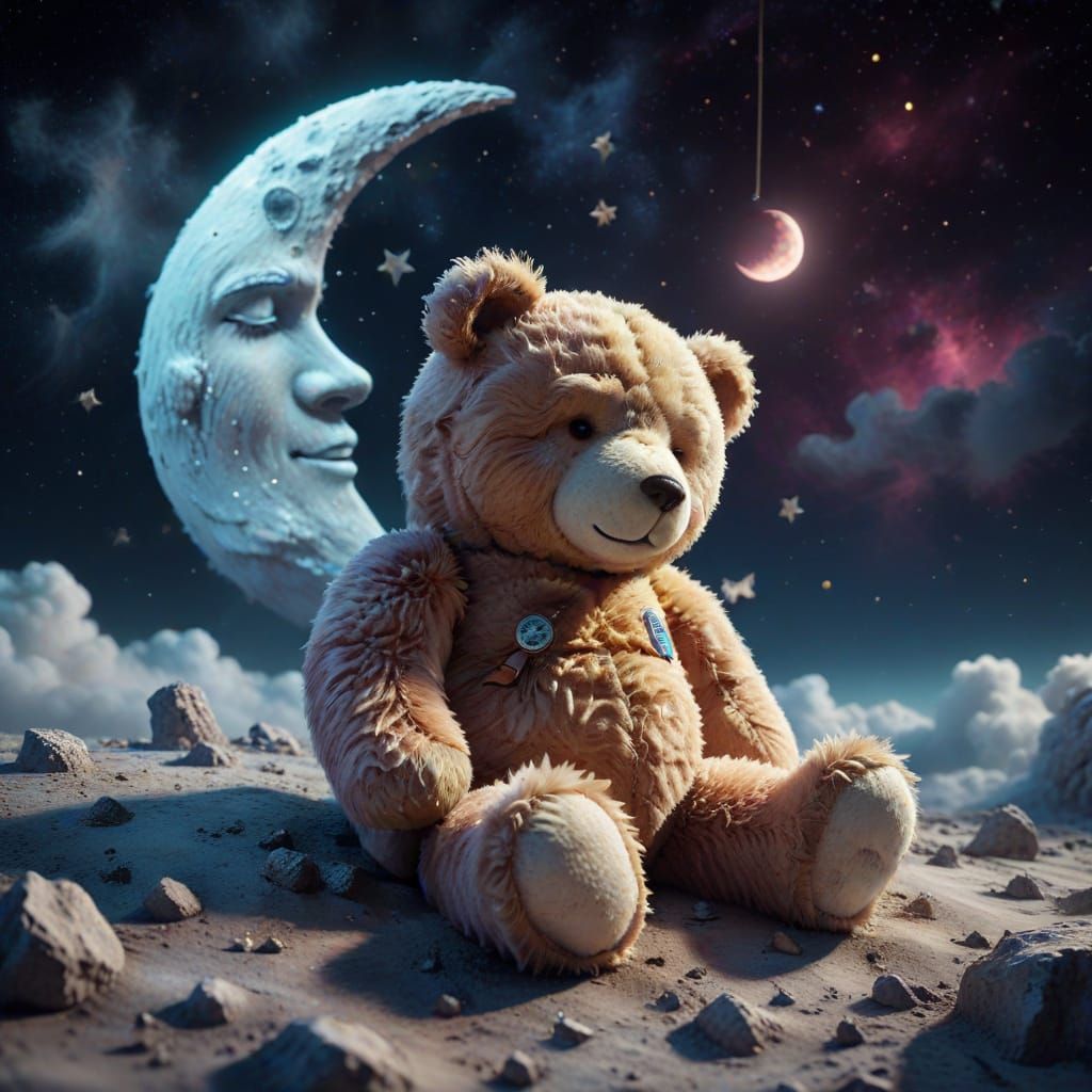 Fluffy Teddy Bear Sleeps on Moon in Dreamlike Digital Art