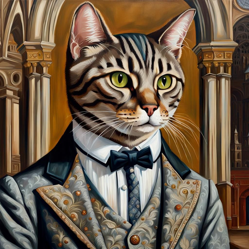 Tabby Cat in Edwardian Suit Before Abbey