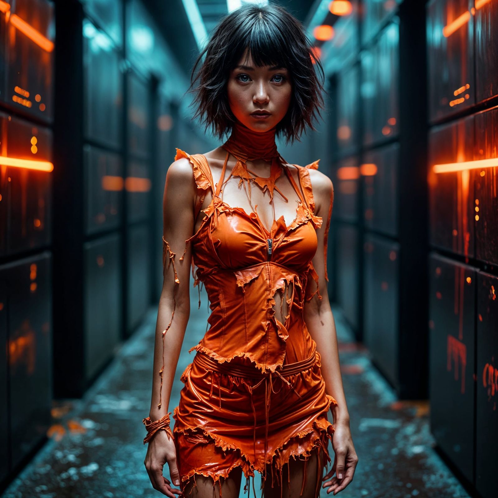 <lora:Veil of Nightmares:1.0> A futuristic young Japanese pop star with bright blue eyes,