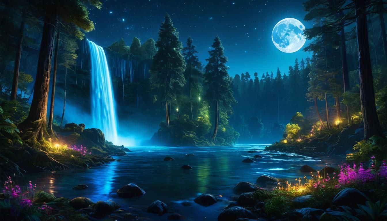 Magical Moonlit Waterfall in Enchanted Forest