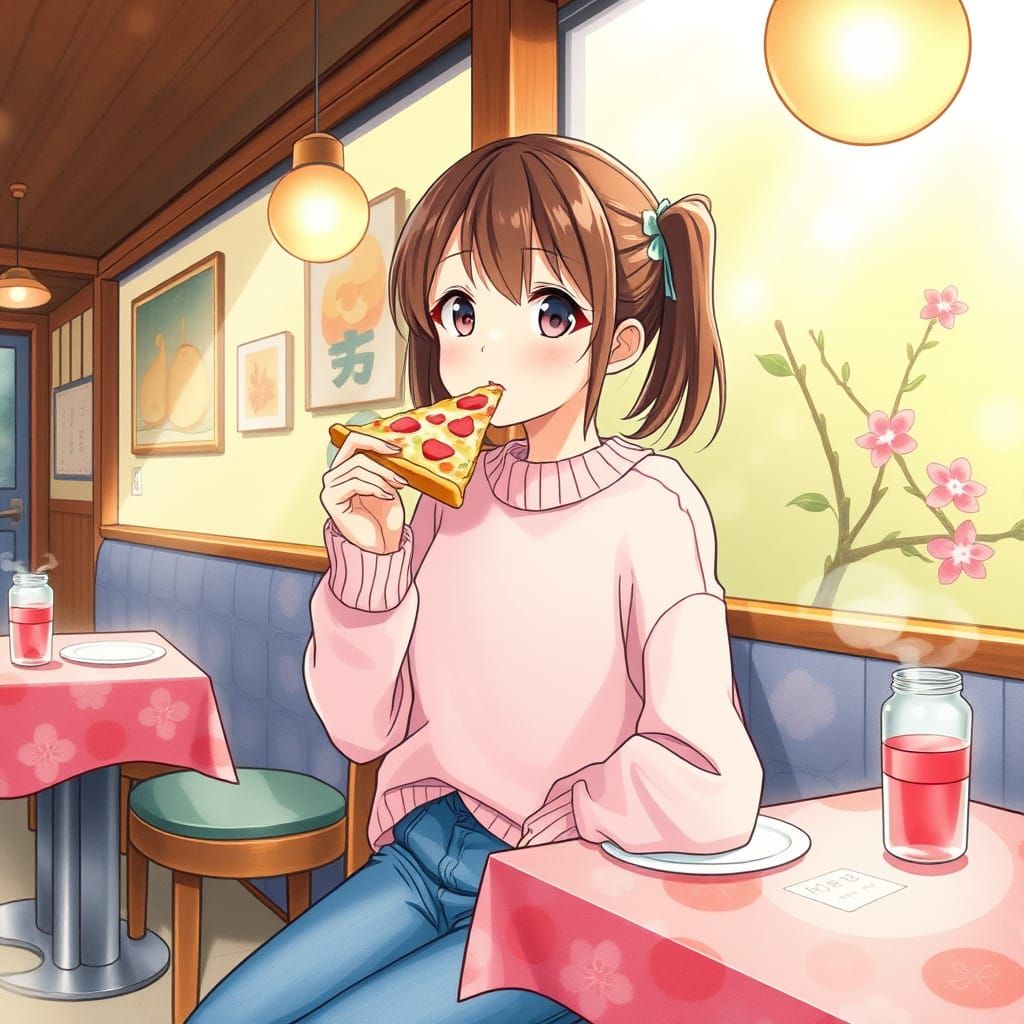 Anime Girl Eating Pizza in Cozy Cafe, Watercolor Style