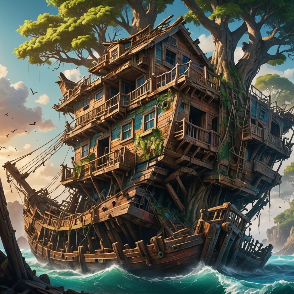 Hyperrealistic Shipwreck Treehouse Concept Art