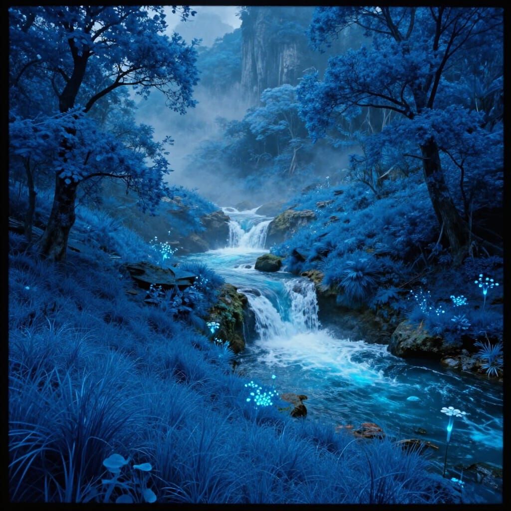 A fantasy valley bathed entirely in blue light