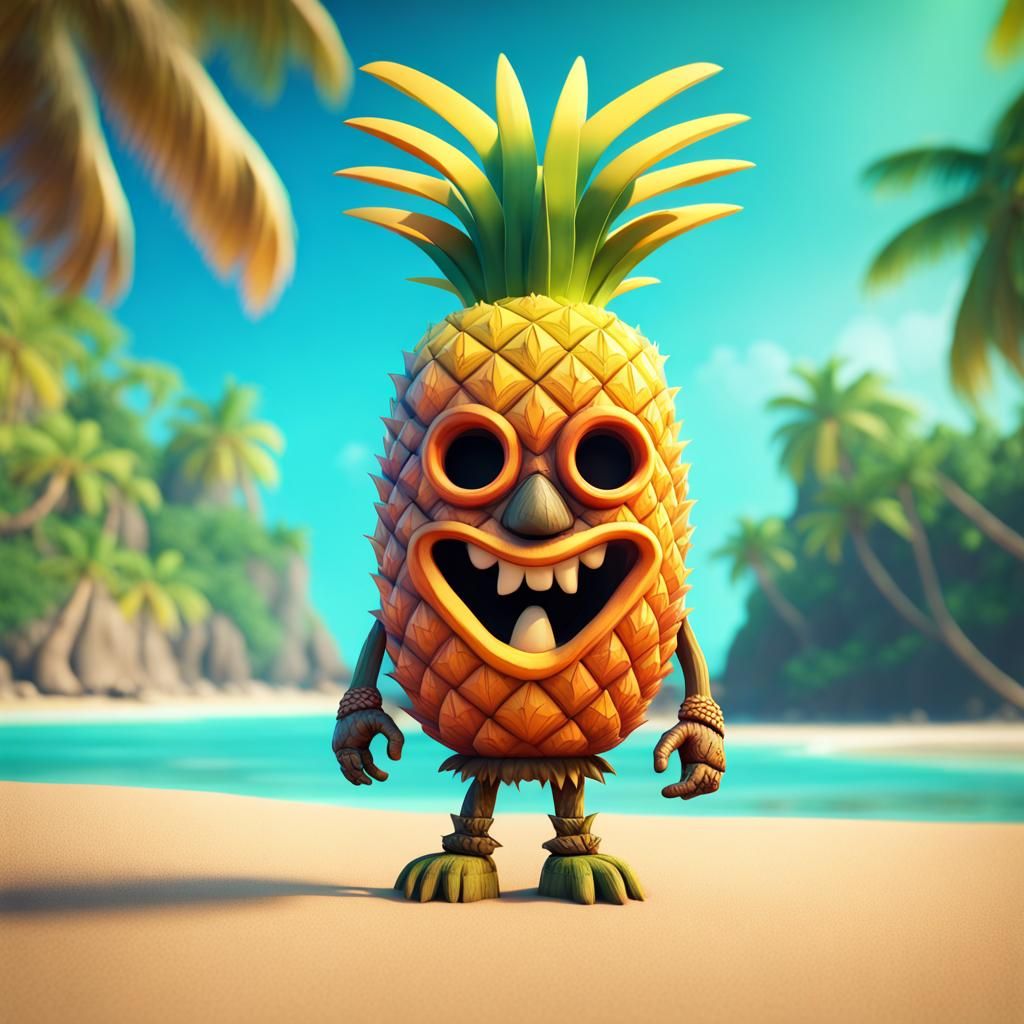 Cute Pineapple Monster on Tropical Beach