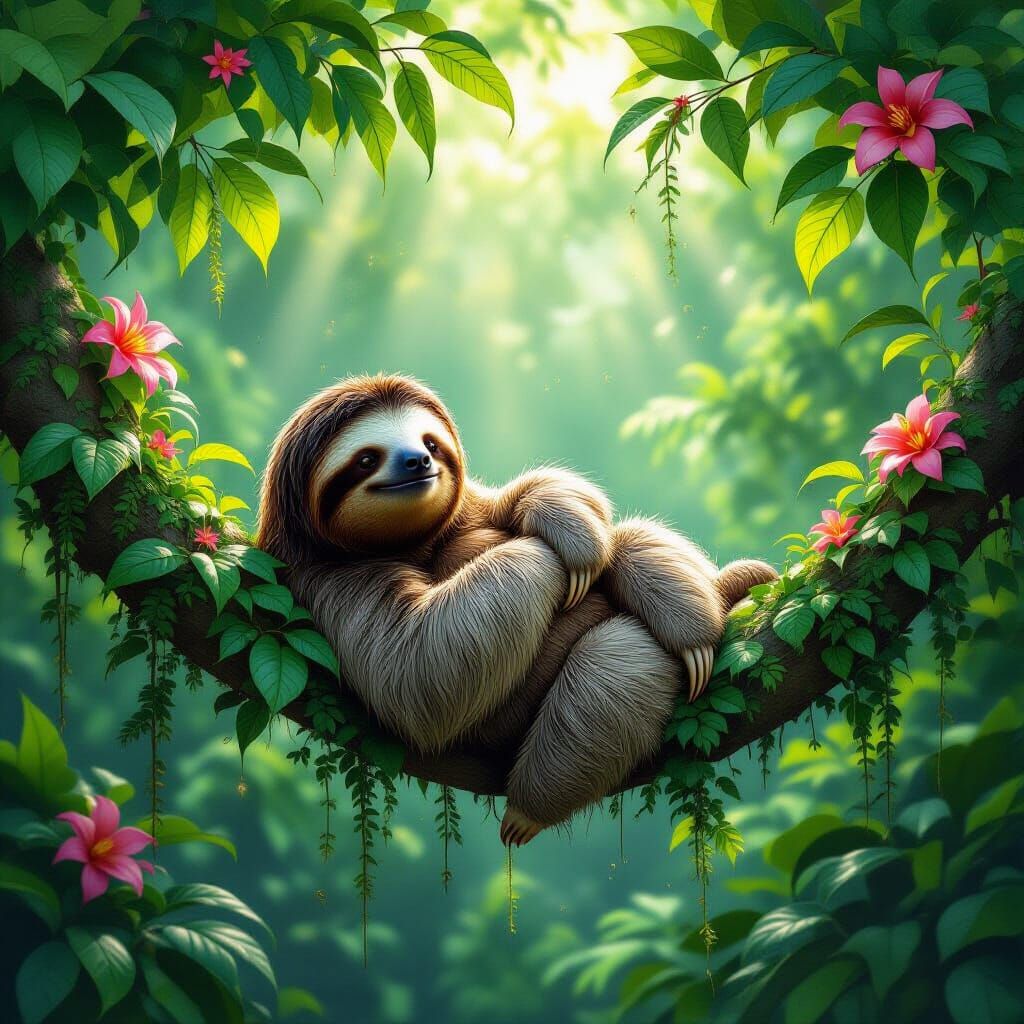 Serene Sloth Under Rainforest Canopy in Digital Painting Sty...