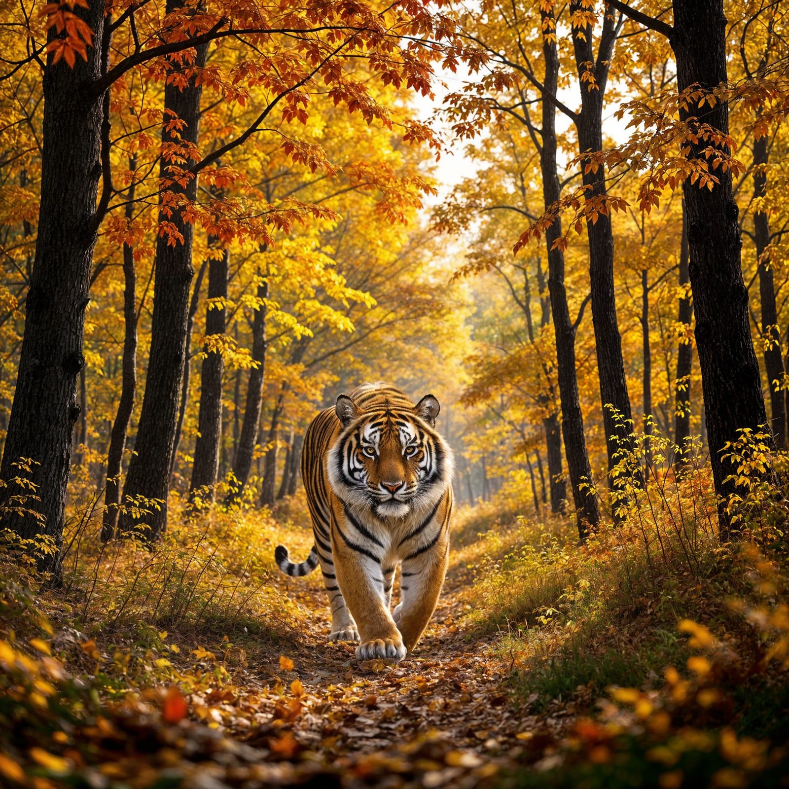Majestic Tiger in Golden Autumn Forest, Hyperreal 8K