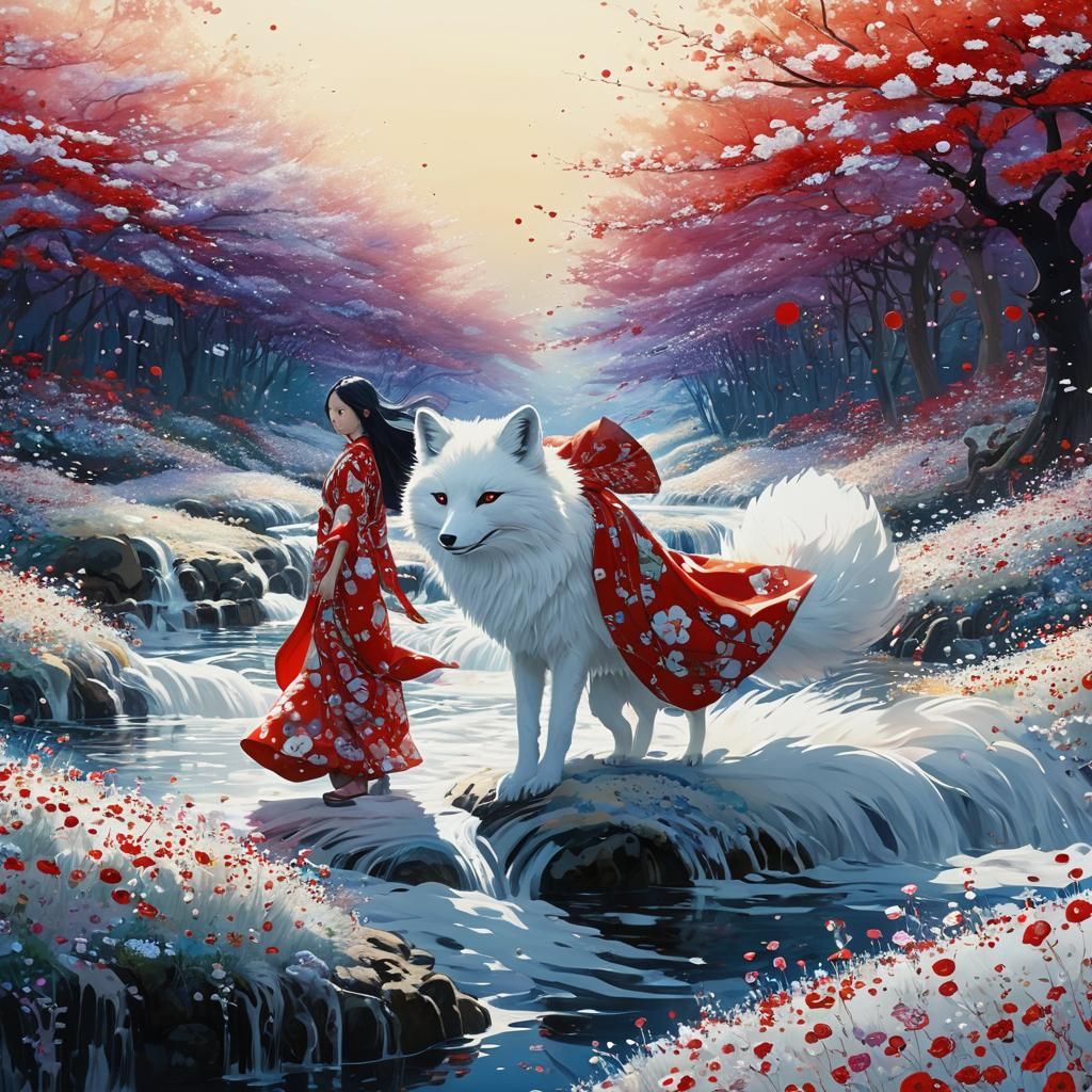 Woman Rides Fox in Dreamy Japanese Concept Art