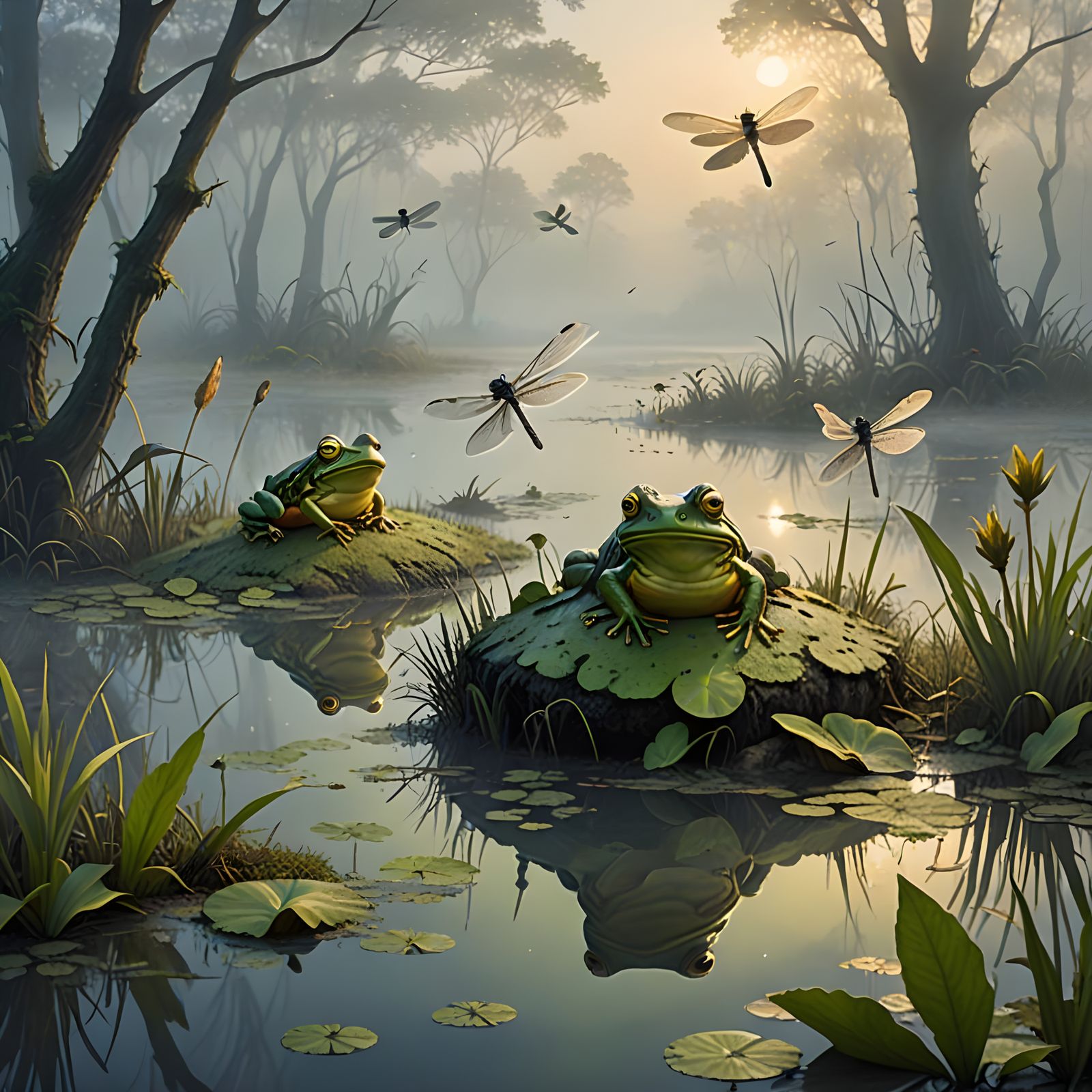 Frogs Riding Dragonflies in Misty Swamp