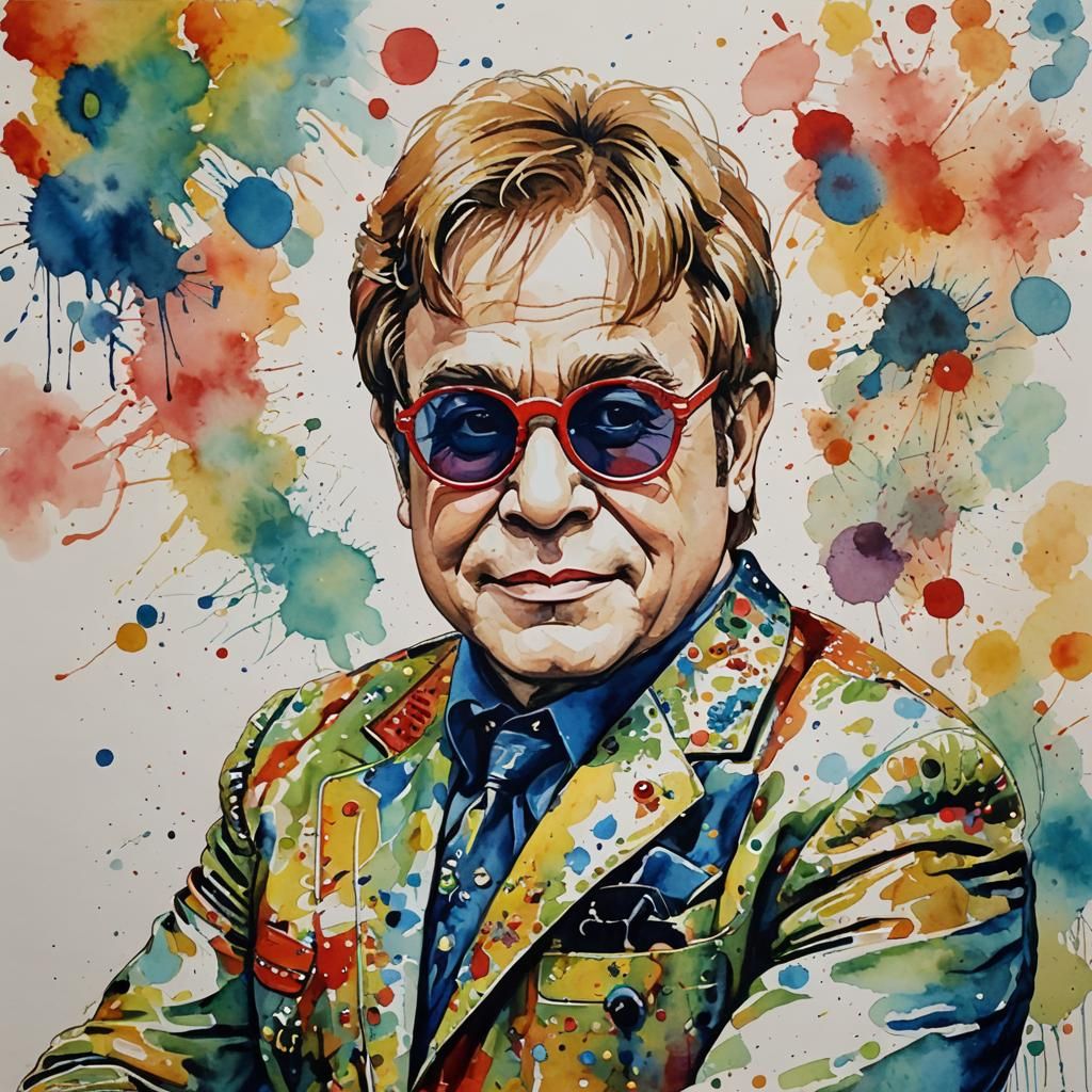 Watercolor. Elton John painted in the style of Joey Moya