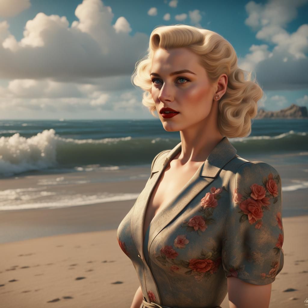 1940s Blonde Bombshell on the Beach: Fantasy Concept Art