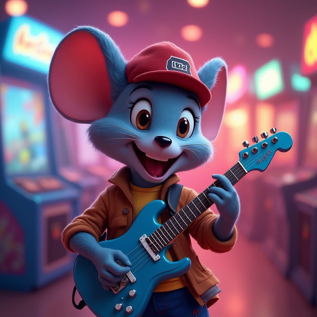 Chuck E. Cheese in a Neon Arcade, Digital Art