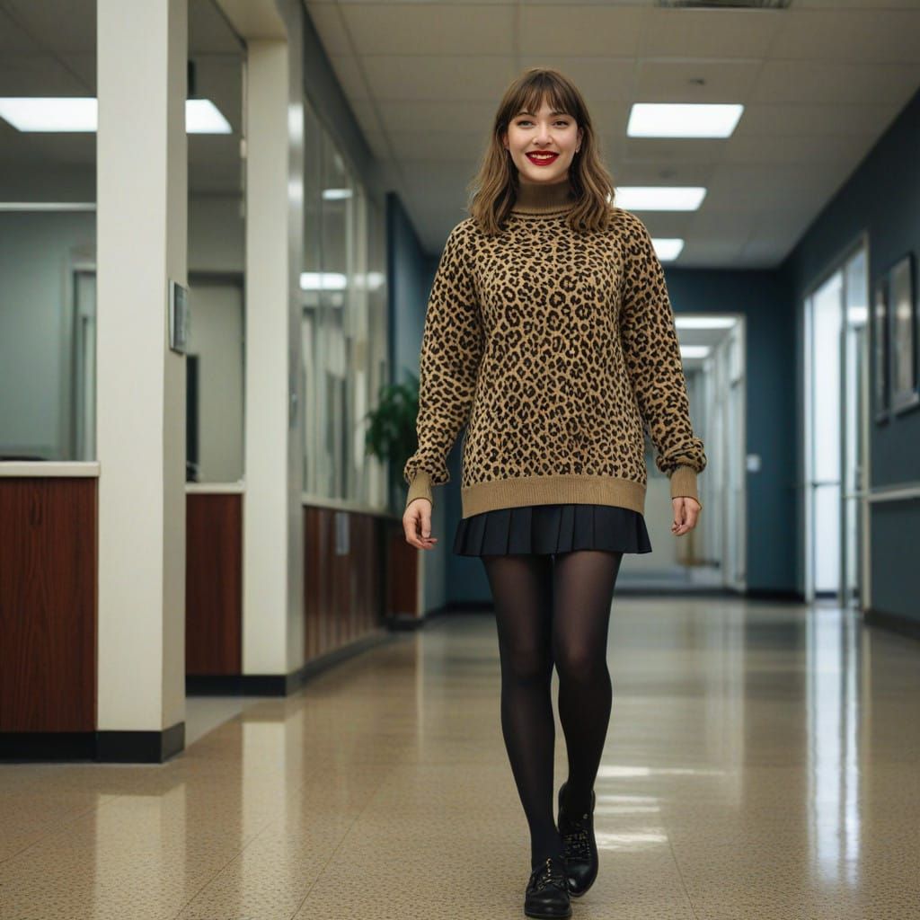 Young Woman in a Vibrant Leopard Print Sweater Exudes Confid...