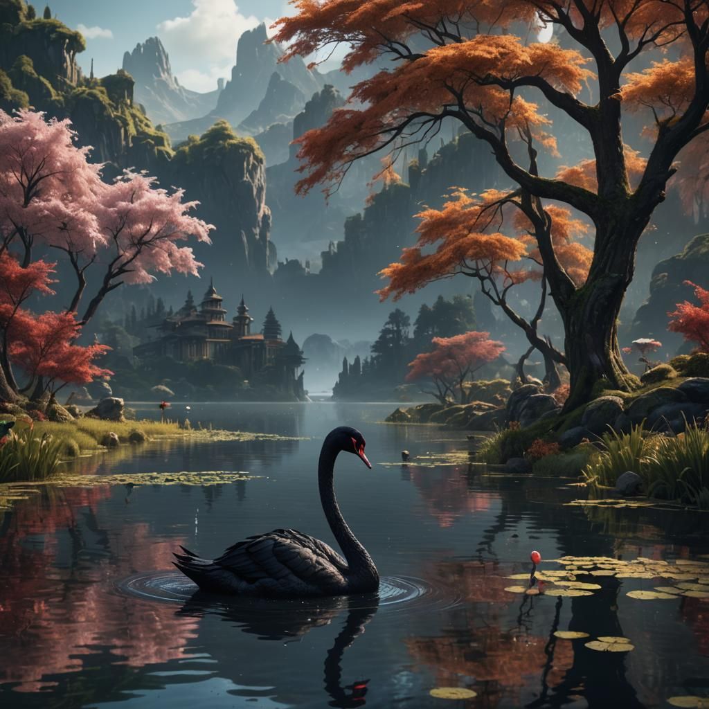 Elegant Black Swan on Lake: Fantasy Concept Art
