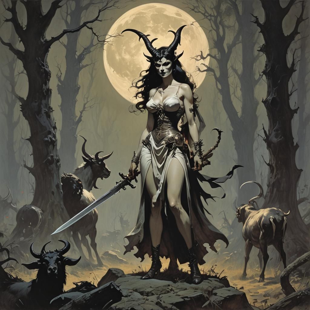 Demoness with Sword in Shadowed Glade