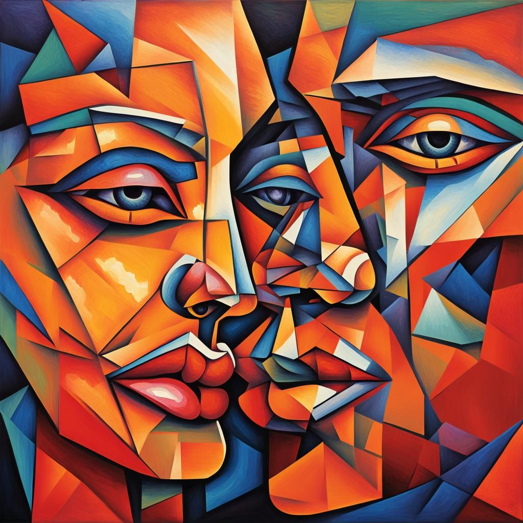 Neo-Cubist Faces Intertwined in Geometric Sunrise