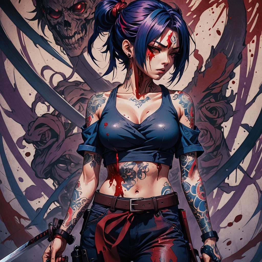 Anime Girl Portrait with Katana and Vivid Blood