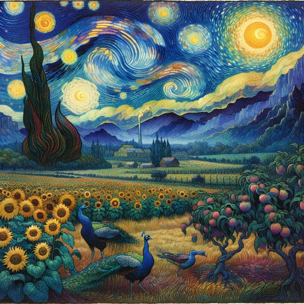 Starry Night Landscape with Sunflowers, Van Gogh Style