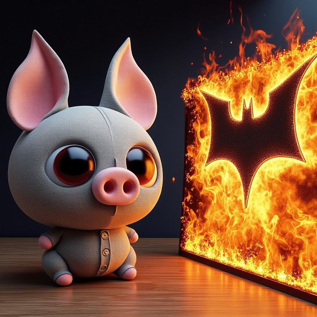 Frightened Batman Pig Figurine Next to Burning Grill