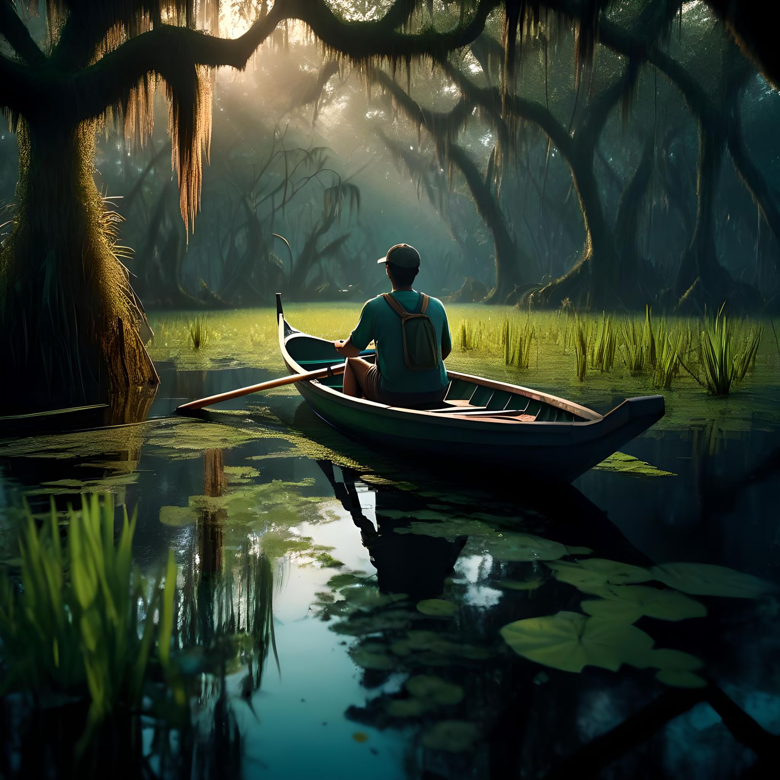 Person Rows Boat Through Lush Swamp: Hyperrealistic
