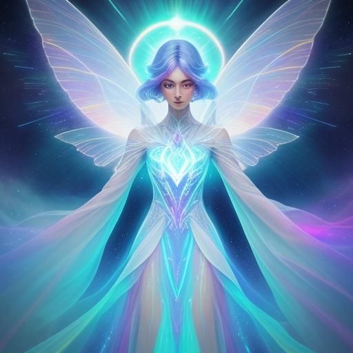 Fairy in Futuristic Robes Floating Through Nebula