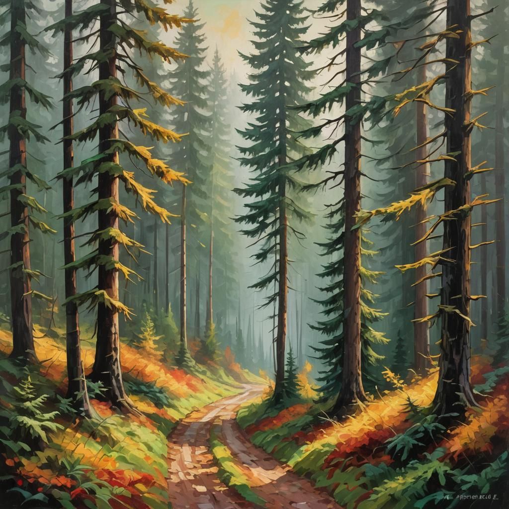 Forest Path in Expressionist Style with Golden Light