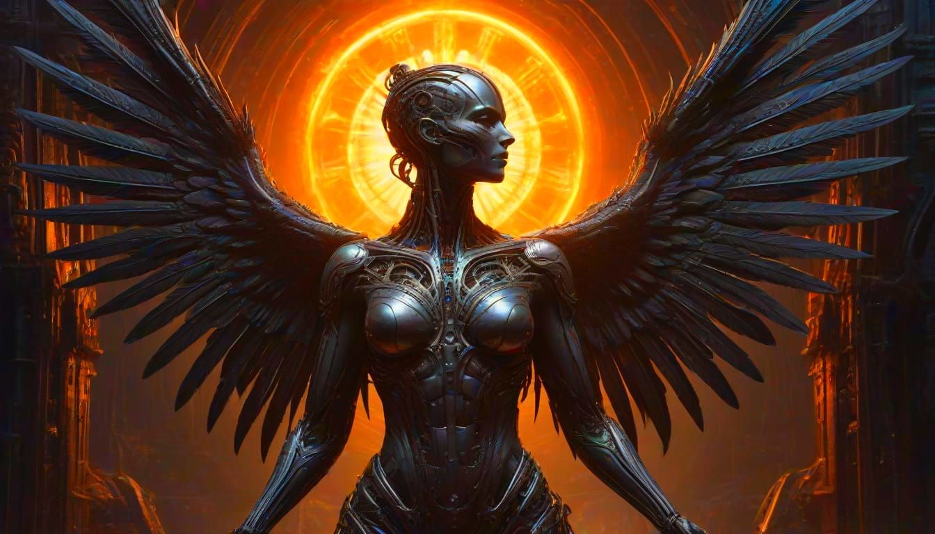 Biomechanical Phoenix Soaring to Nebula Sky