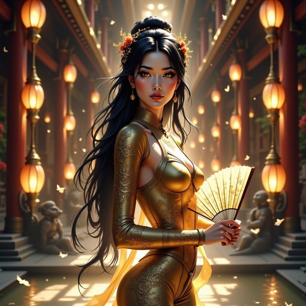 Golden Armored Noble in Palace Courtyard