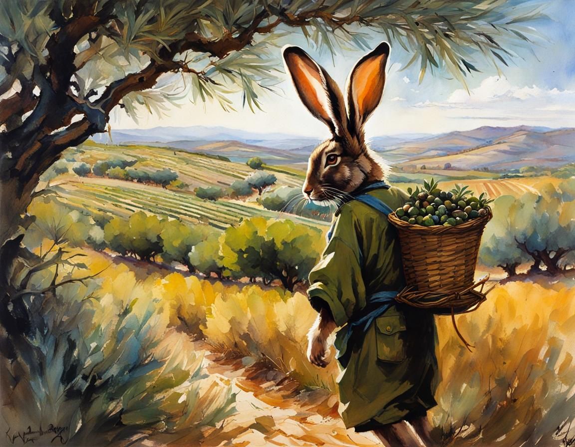 Rabbit farmer gathering olives