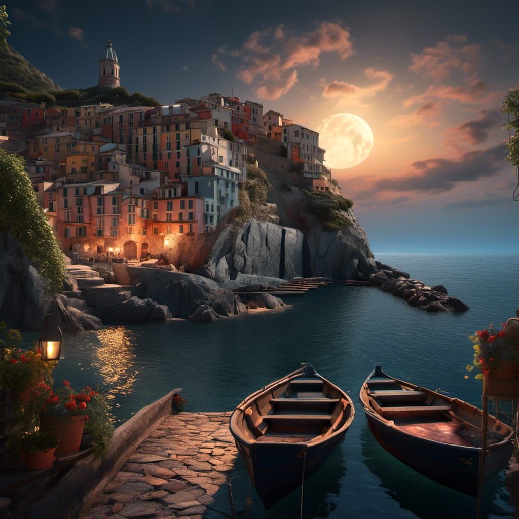 Cinque Terre at Night: Mediterranean Fantasy Art