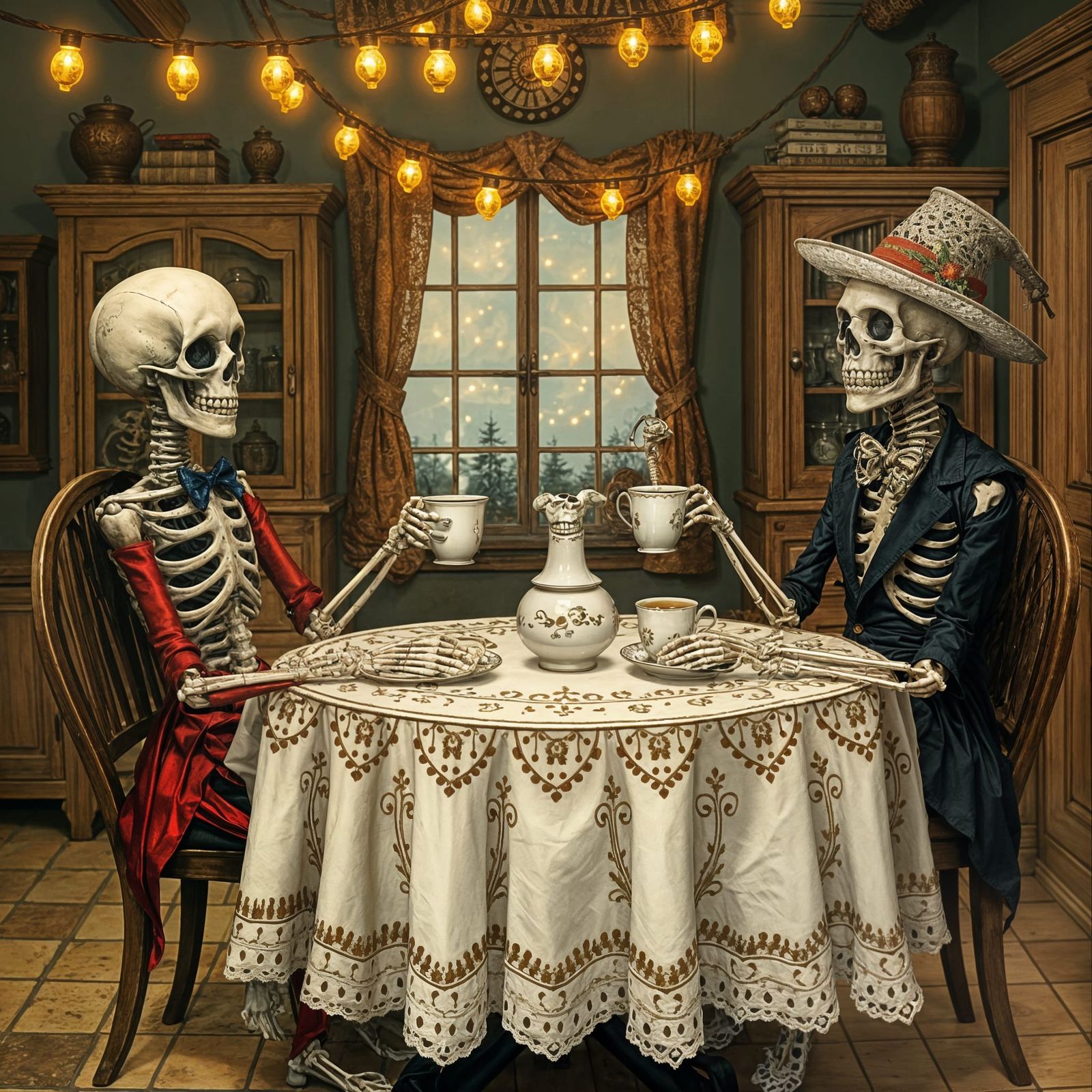 Skeletons' Tea Party with Lace and Lights