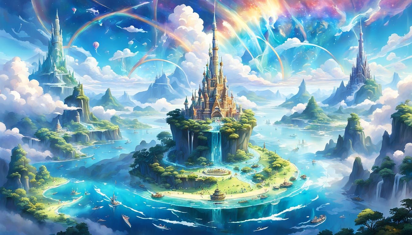 Luminous Tower Soars Through Heavenly Skies in Ethereal Land...