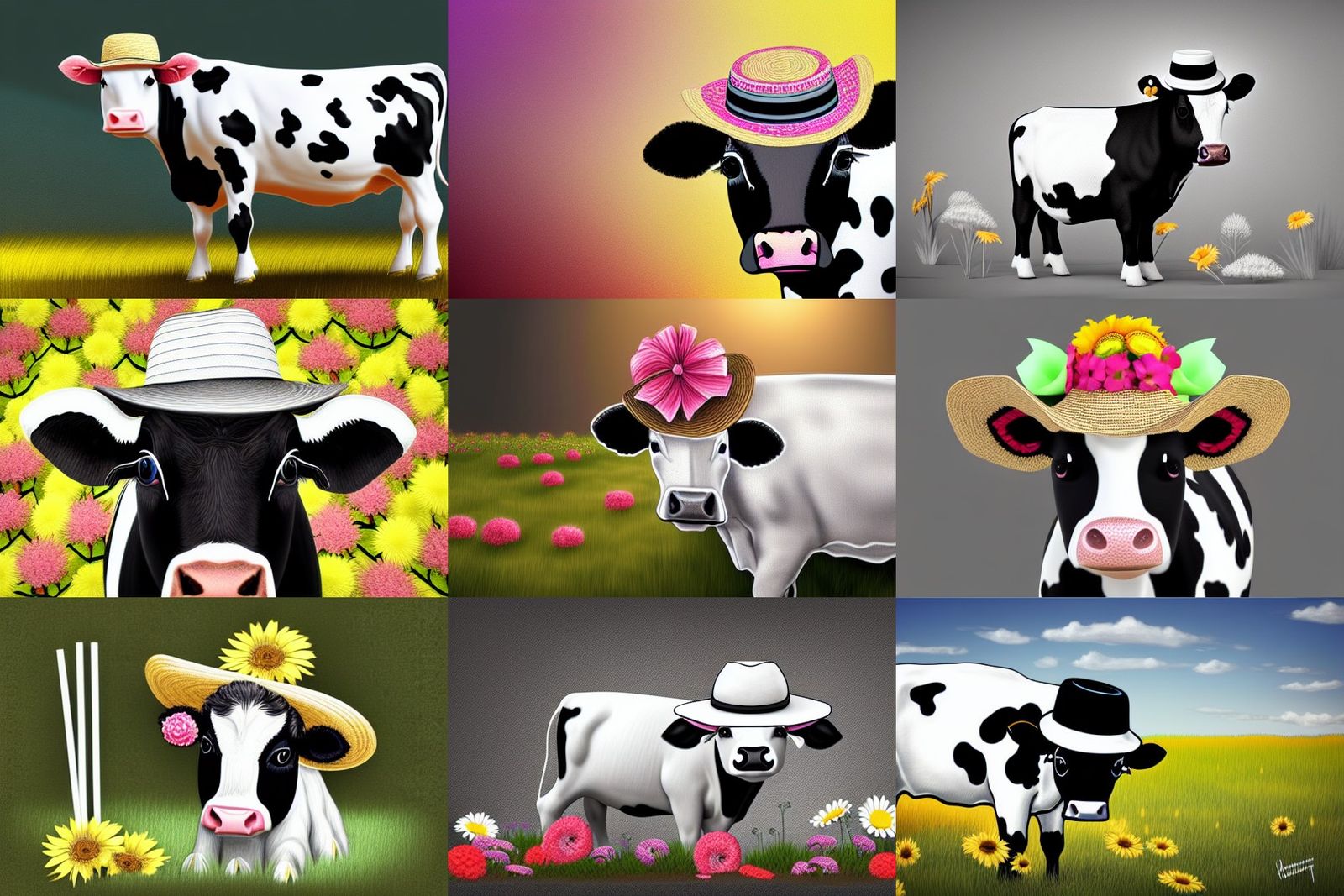 Cow in Floral Straw Hat: Digital Art