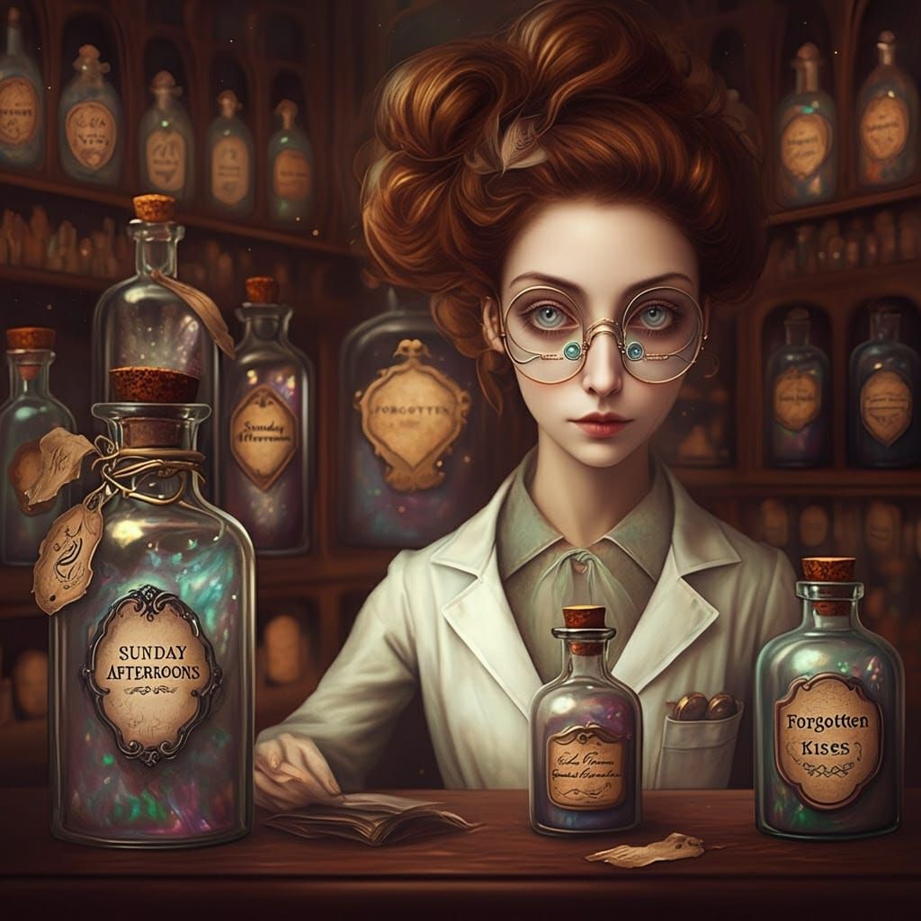 Vintage Apothecary Interior with Whimsical Chemist and Antiq...