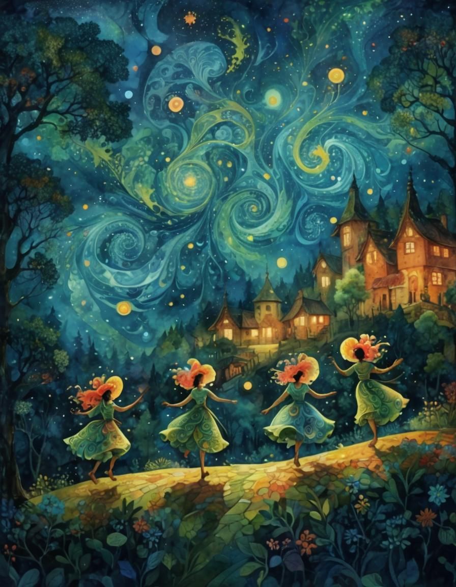 Samodivi Dance in Village: Folk Art Watercolor