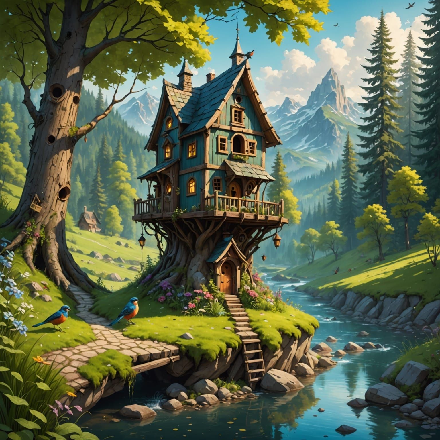 Fantasy Birdfolk Home in Forest Valley