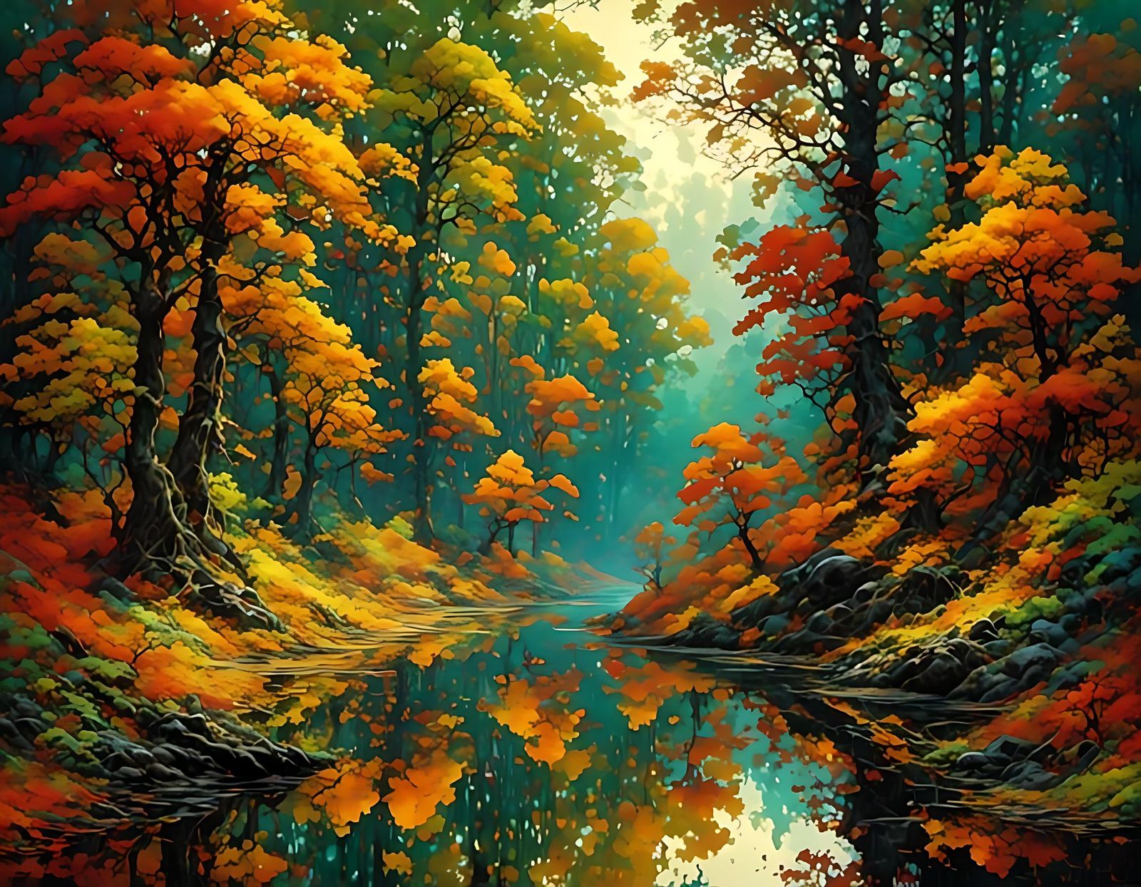 Calming Autumnal Forest in Impasto Style