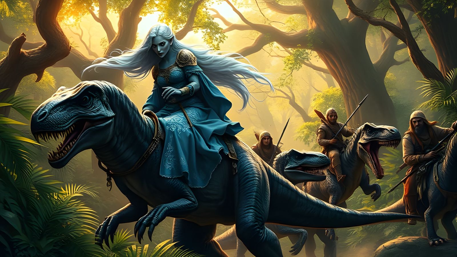 Drow Priestess Rides Majestic Velociraptor through Vibrant J...