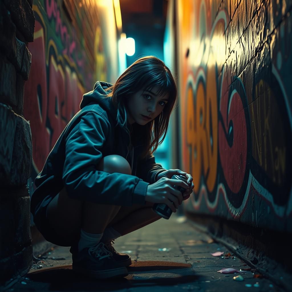 Graffiti Artist in Alleyway: Cinematic Film Still