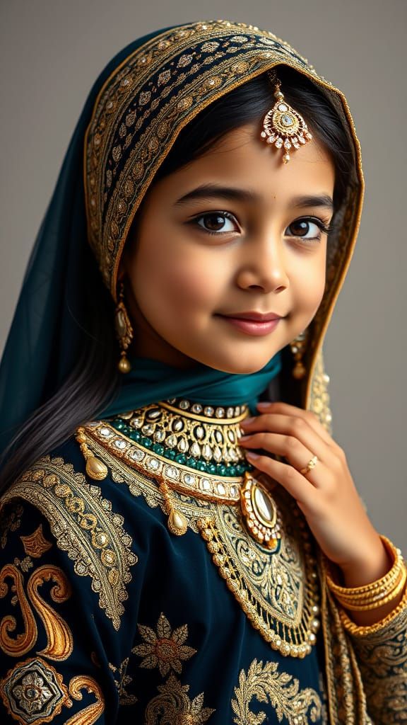 Serene Young Girl in Traditional Eid Attire with Crystal Emb...