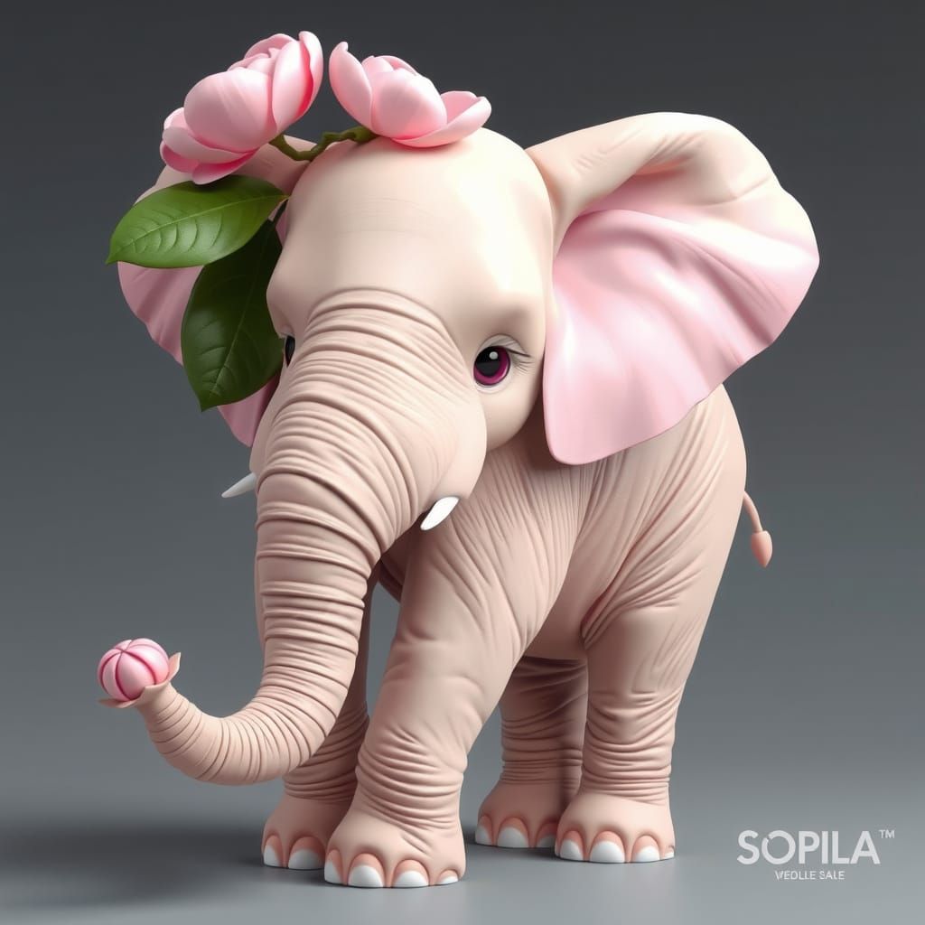 Camellophant (Camellia + Elephant)
A gentle giant with soft, rose-like camellia petals blooming from its ears and should...