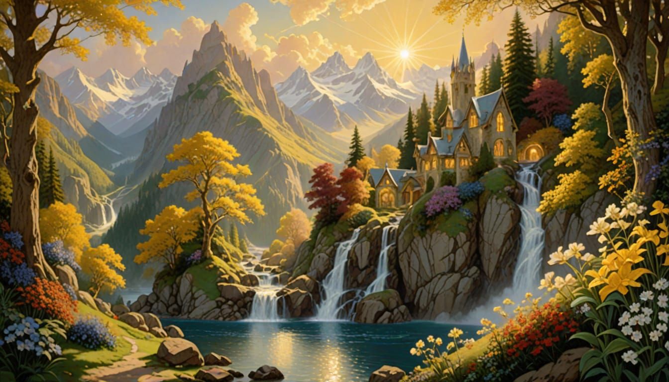 Rivendell in Golden Light: A Romantic Landscape