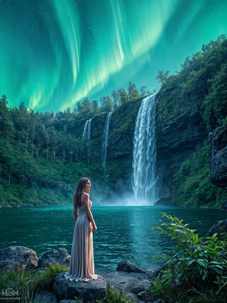 Aurora Borealis Over Picturesque Waterfall Landscape