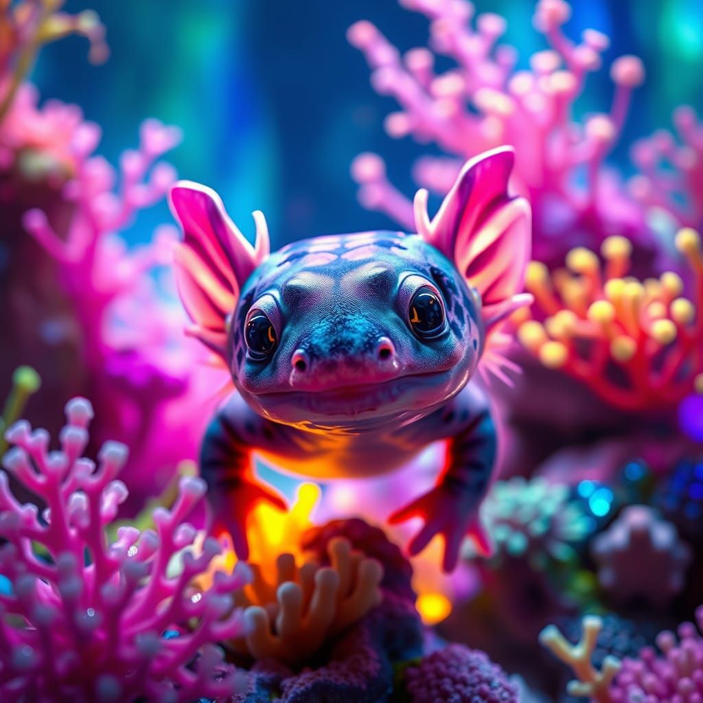 Axolotl in Vibrant, Fantastical Aquarium Scene